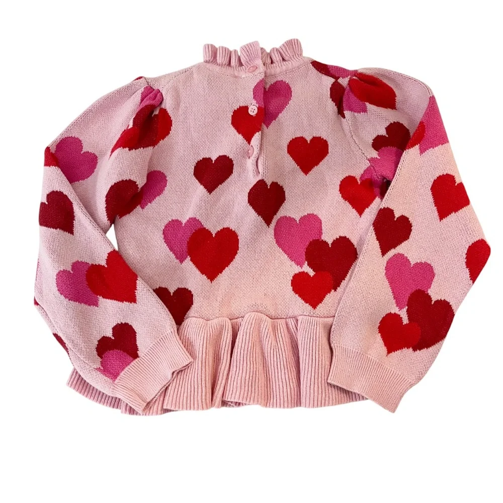 Janie and Jack Pink Heart Print Peplum Sweater Ruffle Valentines - Size Small